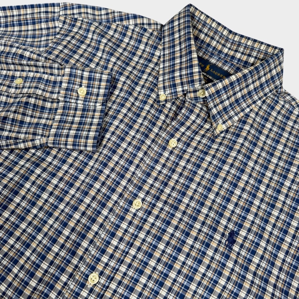 Polo Ralph Lauren Performance Shirt Men Large Blue Brown Tan Plaid Button Down